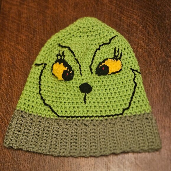 Grinch 3D Eyes Knit Hat. Handmade - Picture 1 of 4